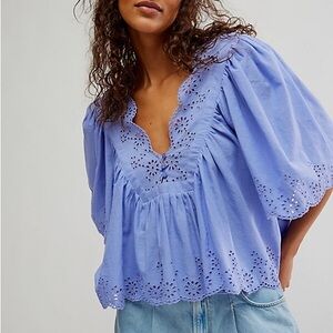 Free People Lavender Eyelet V-Neck Puff Sleeve Blouse